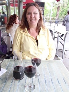 Tracy enjoying "un pichet of vin rouge."
