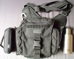 5.11 Tactical PUSH (Practical Utility Shoulder Hold-all) Pack with Sunglasses and water bottle