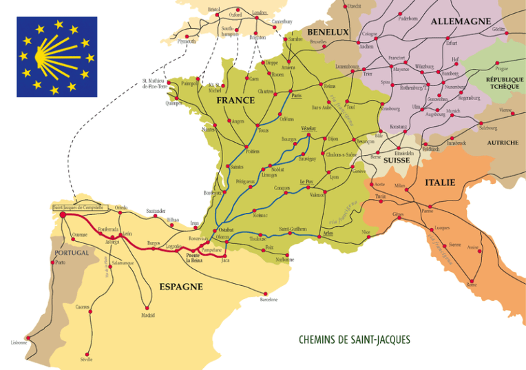 Map of Camino de Santiago - Chemins de Saint Jacques  From Wikimedia Commons