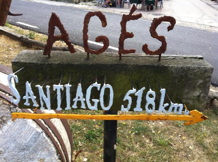 Sign for Ages showing distance to Santiago
