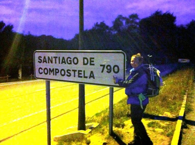 Tracy at the Santiago signpost in Roncesvalles