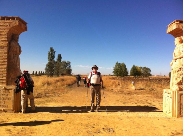 Alan at the historic halfway point of the Camino near Ermita Virgen del Puente, 12th century
