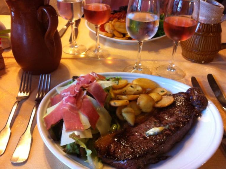 Our welcome dinner at Ramuntcho Hotel, an upscale version of the traditional pilgrim menu.