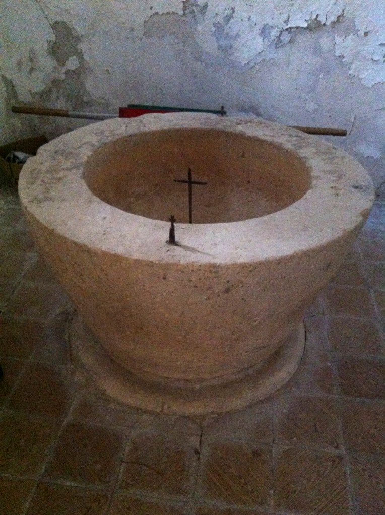 Hand carved baptismal font, Santa Eulalia, 16th century, Ages