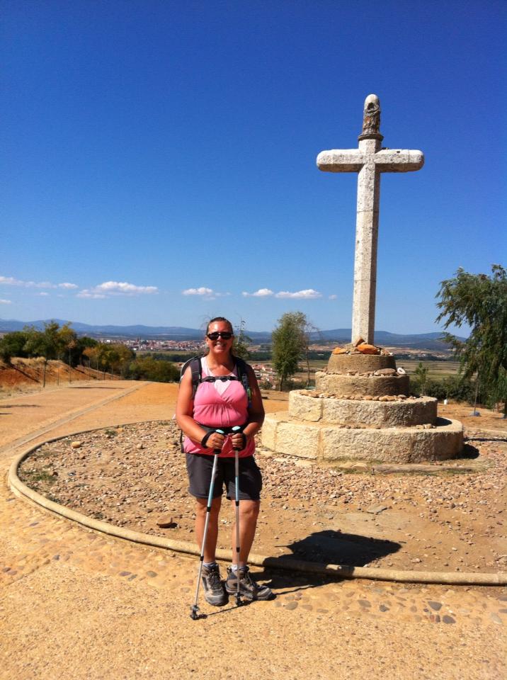Tracy at pilgrim monument, Cruciero de Santo Toribio, Astorga’s Monte Gozo (Hill of Joy)