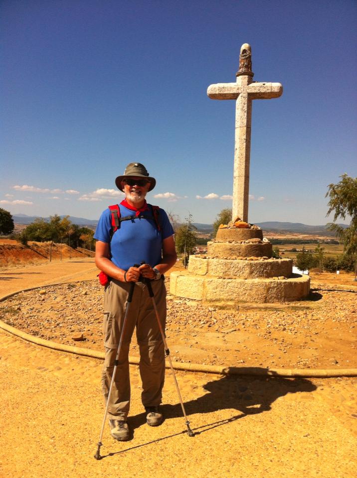 Alan at pilgrim monument, Cruciero de Santo Toribio, Astorga’s Monte Gozo (Hill of Joy)