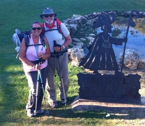 Alan and Tracy with pilgrim sculpture, La Virgen del Camino