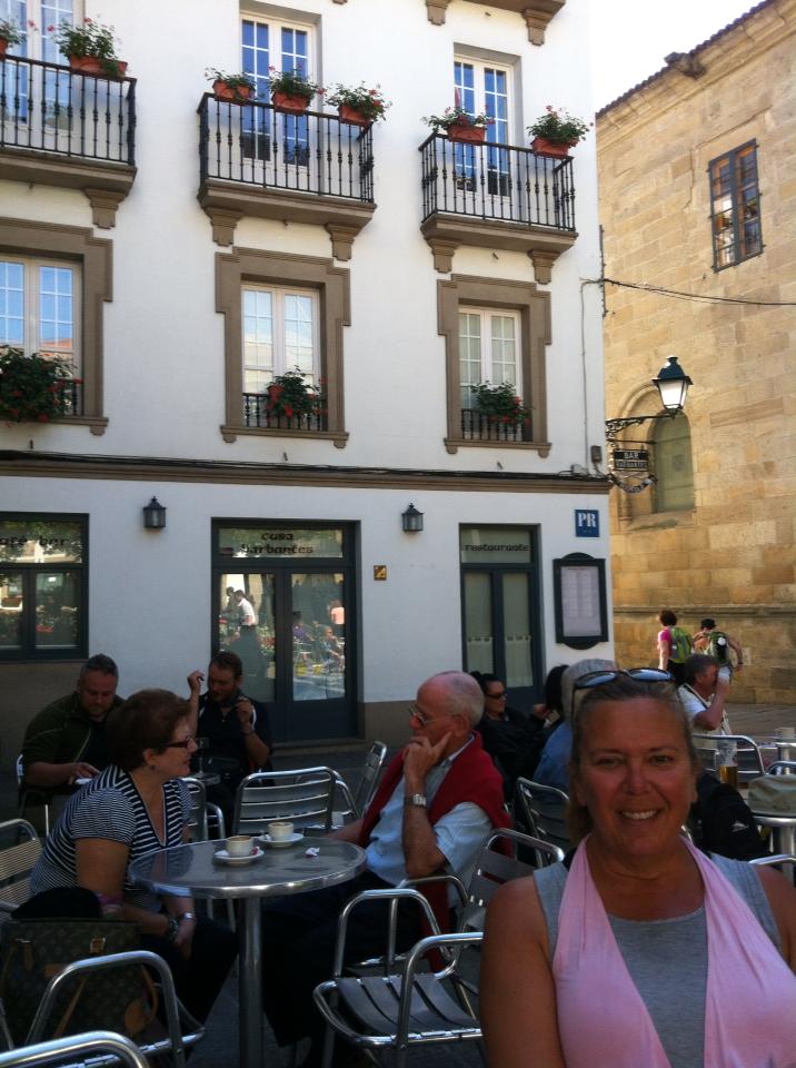Tracy at courtyard café near our hotel in Santiago