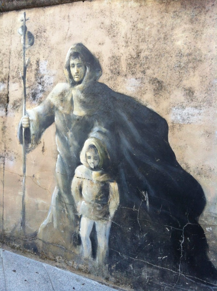 Detail of pilgrim mural in Sarria