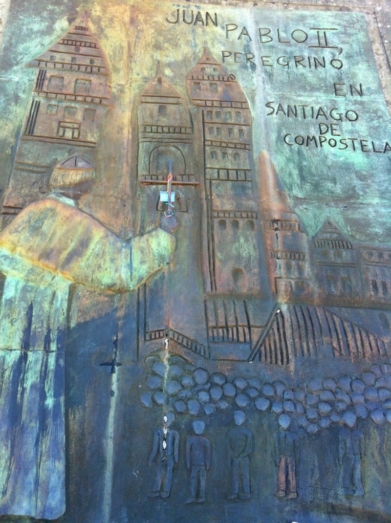 Detail of panel depicting Pope John Paul II walking the Camino de Santiago, Monte do Gozo (Hill of Joy)