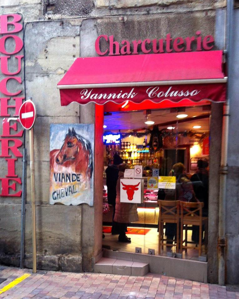A Boucherie-Charcuterie on the Rue de Verdun. The sign in front advertises the availability of horse steak.
