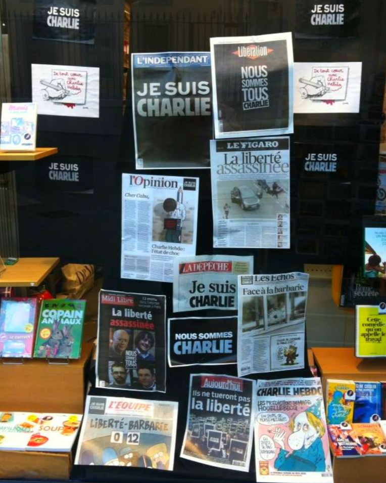 Newspaper shop display for #JeSuisCharlie