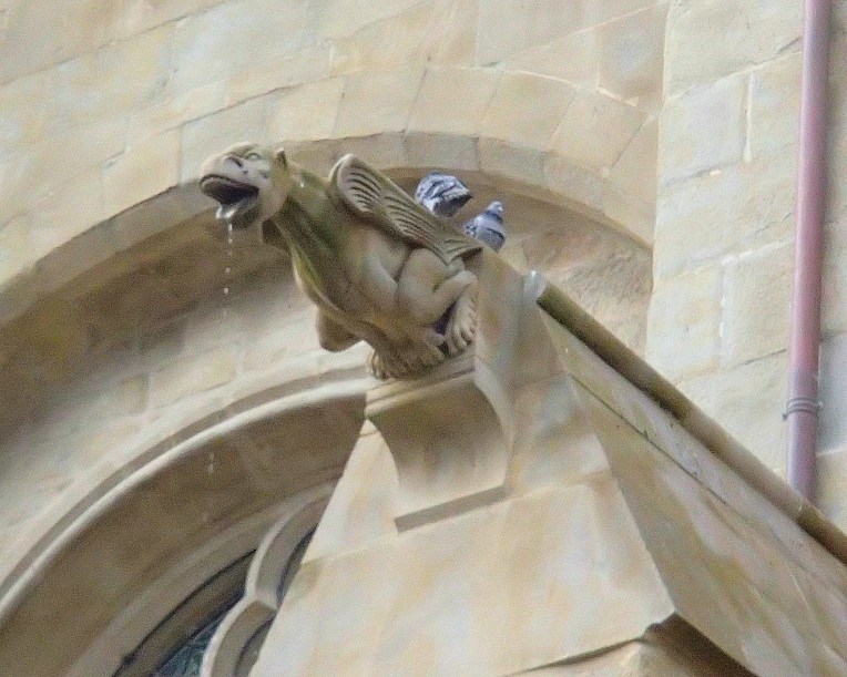 Rain water falling from the mouth of a gargoyle on the side of the Cathédrale Saint-Michel de Carcassonne.