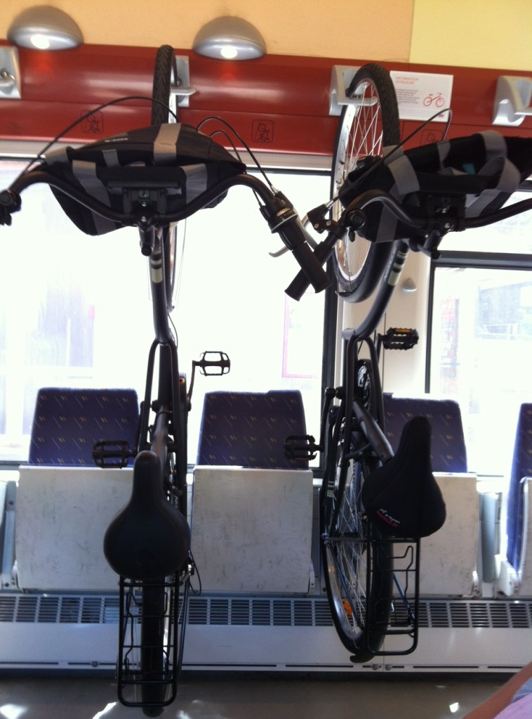 The bikes in racks on the train from Perpignan to Argeles-sur-Mer.