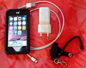 iPod 5 with charger, protective case, and leash.