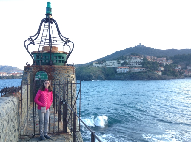 Etta on the breakwater in Collioure, France